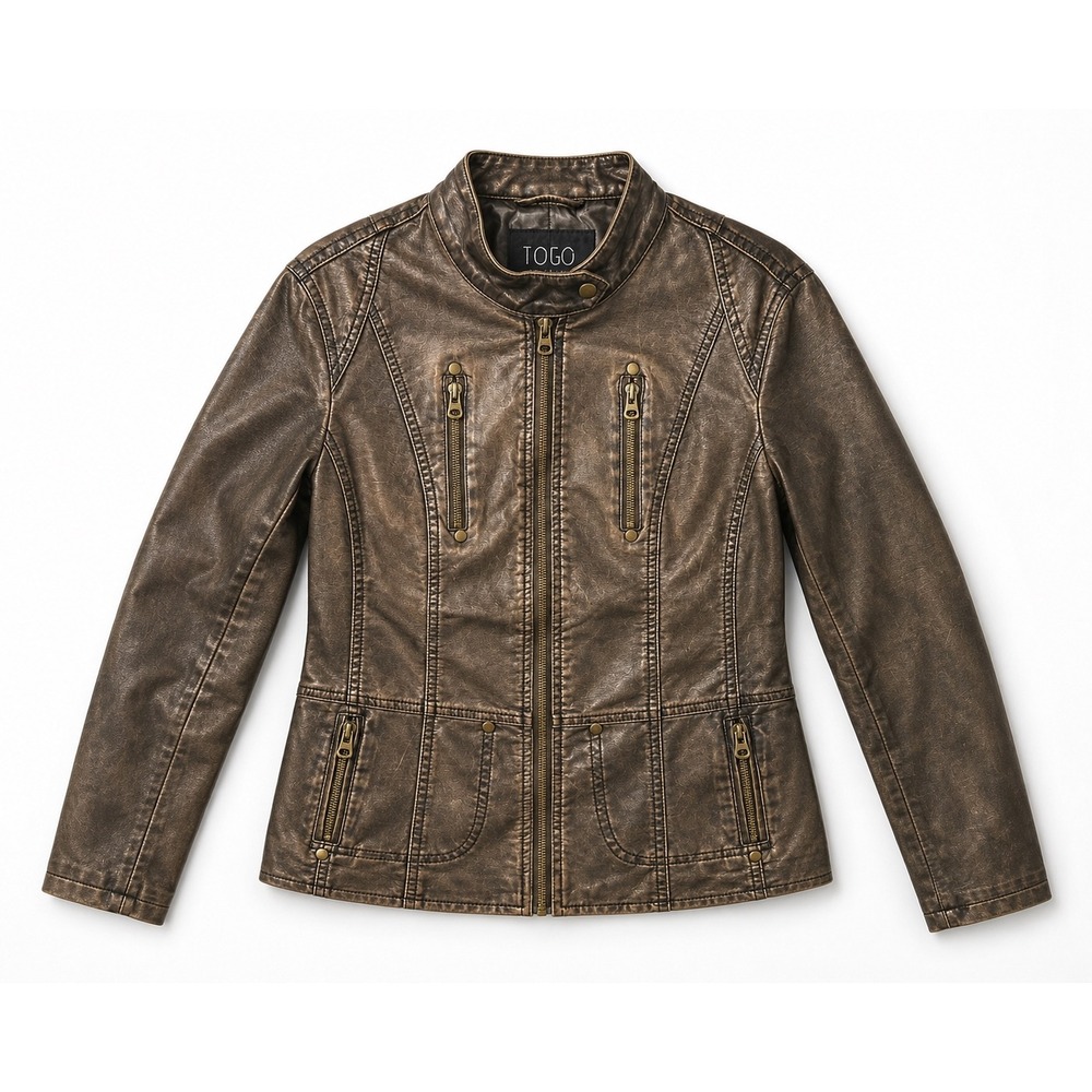 TCEC Womens Distressed Brown Faux Leather Moto Jacket Zip Up Biker Coat